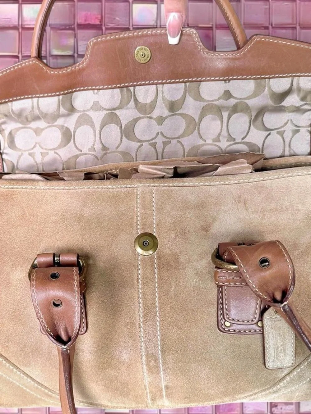 Coach Taupe Suede Shoulder Bag with Tan Leather Trim - Picture 5 of 5
